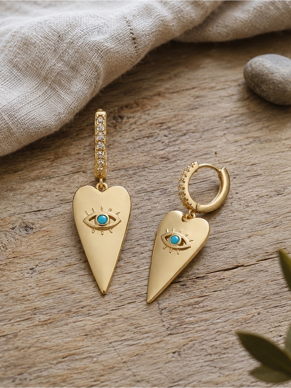 Gold Heart Drop Earrings with Turquoise Eye and Crystal Hoop